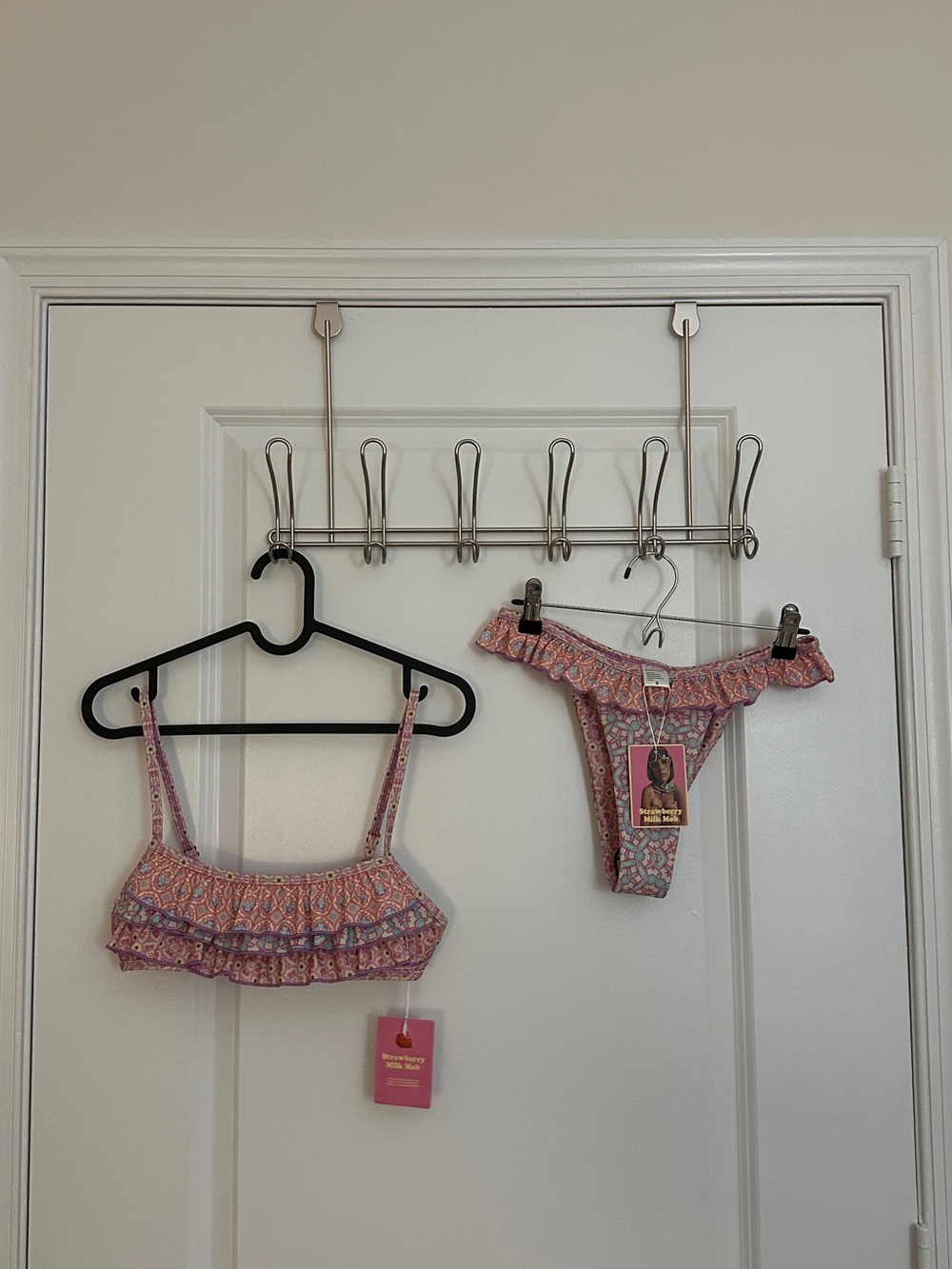 Strawberry Milk Mob Pink Patterned Ruffle Swim Top and Bottoms